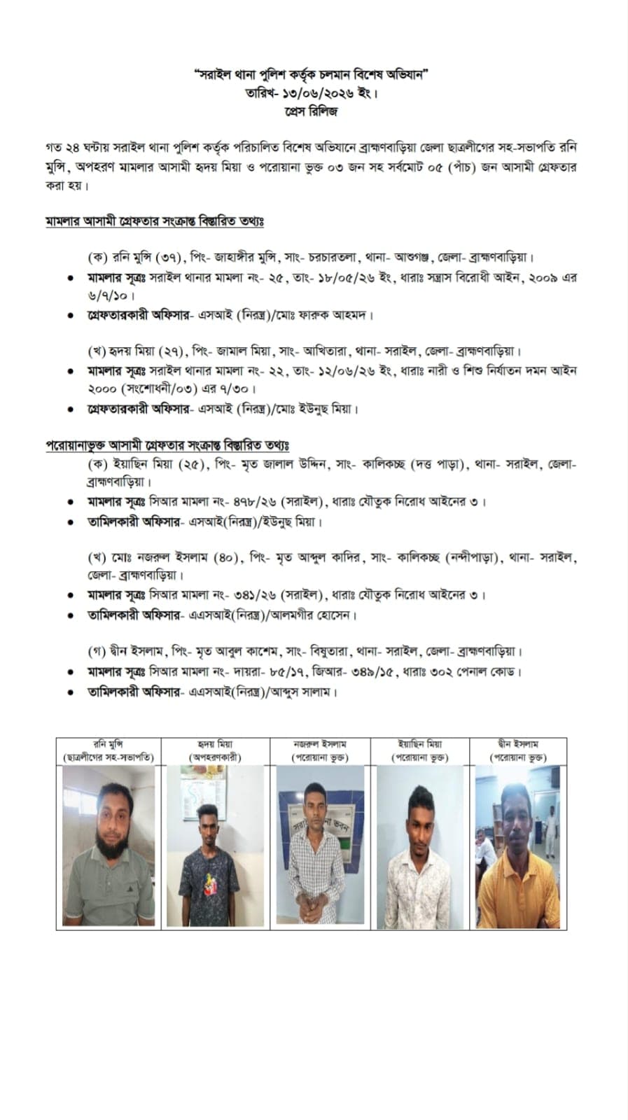 সরাইলে গত ২৪ ঘন্টায় পুলিশের বিশেষ অভিযানে ছাত্রলীগ নেতাসহ ৫ আসামি গ্রেপ্তার